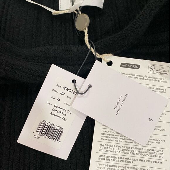 NAADAM Black Cashmere Ribbed Fitted Short Sleeve off the shoulder Blouse - Picture 8 of 9